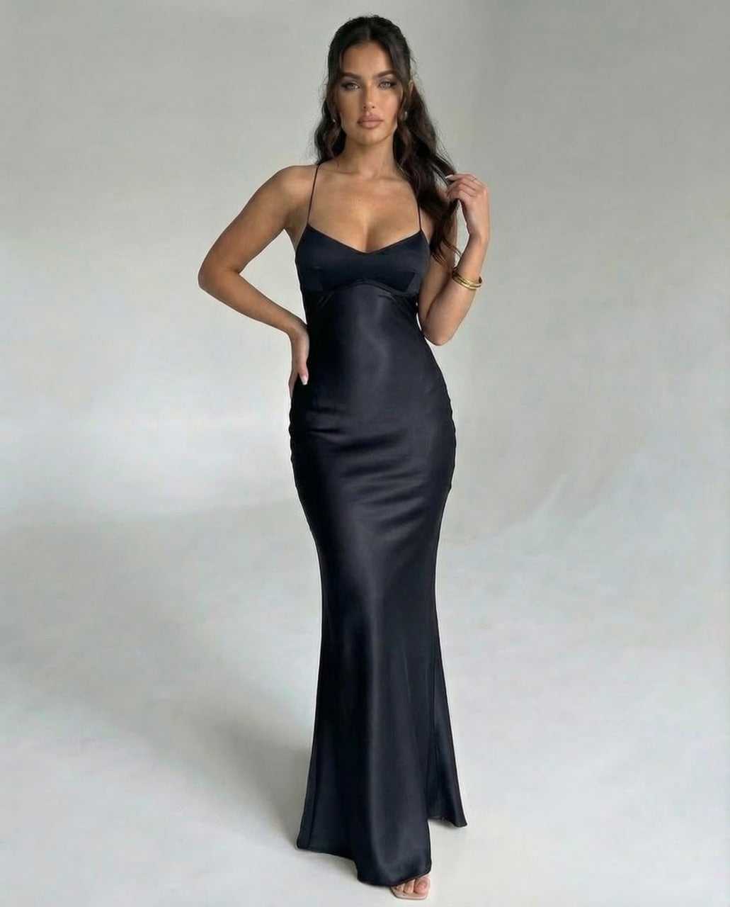 Bliss Maxi Dress by RAMBLION, black satin ankle-length dress, elegant, perfect for formal occasions.