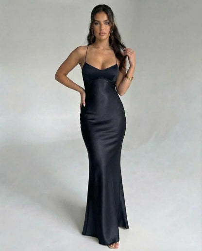 Bliss Maxi Dress by RAMBLION, black satin ankle-length dress, elegant, perfect for formal occasions.