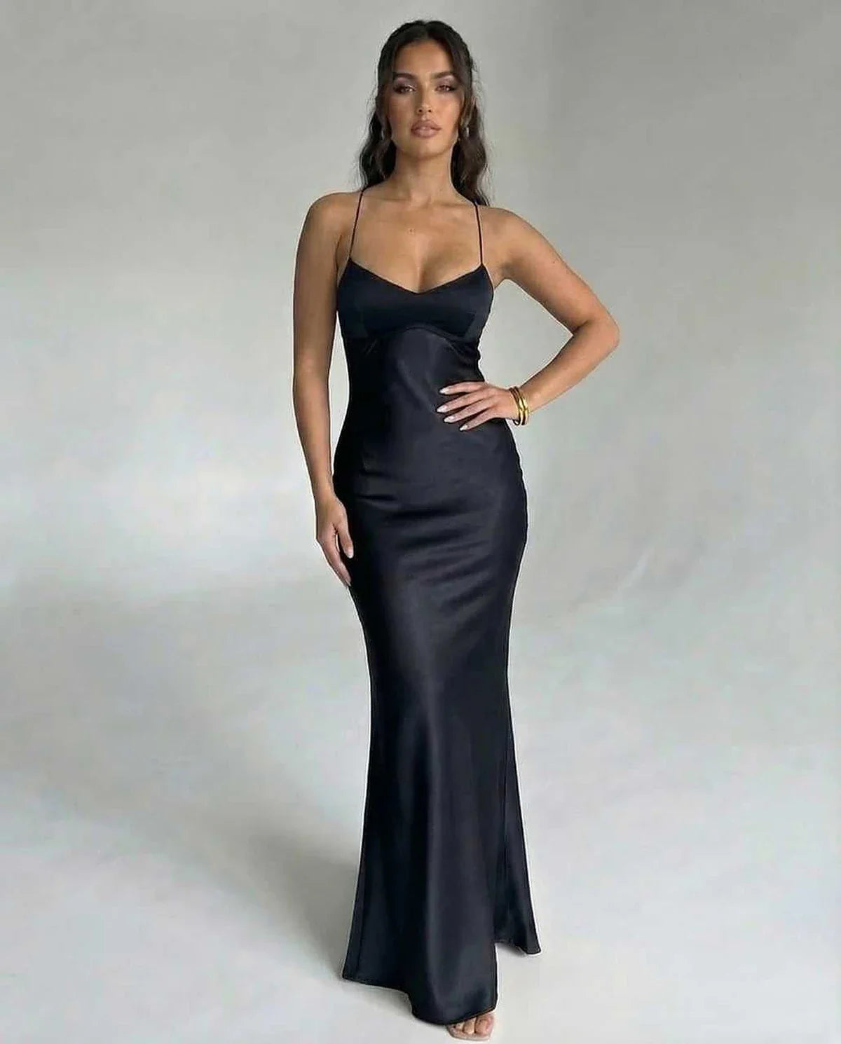 Black Satin Bodycon V-Neck Sleeveless Maxi Dress | Formal Occasions & Party Nights, front view | Ramblion | SKU: NMD-483920175-black-L-7342,NMD-483920175-black-M-8783,NMD-483920175-black-S-1537,NMD-483920175-black-XL-4488,NMD-483920175-black-XS-3175