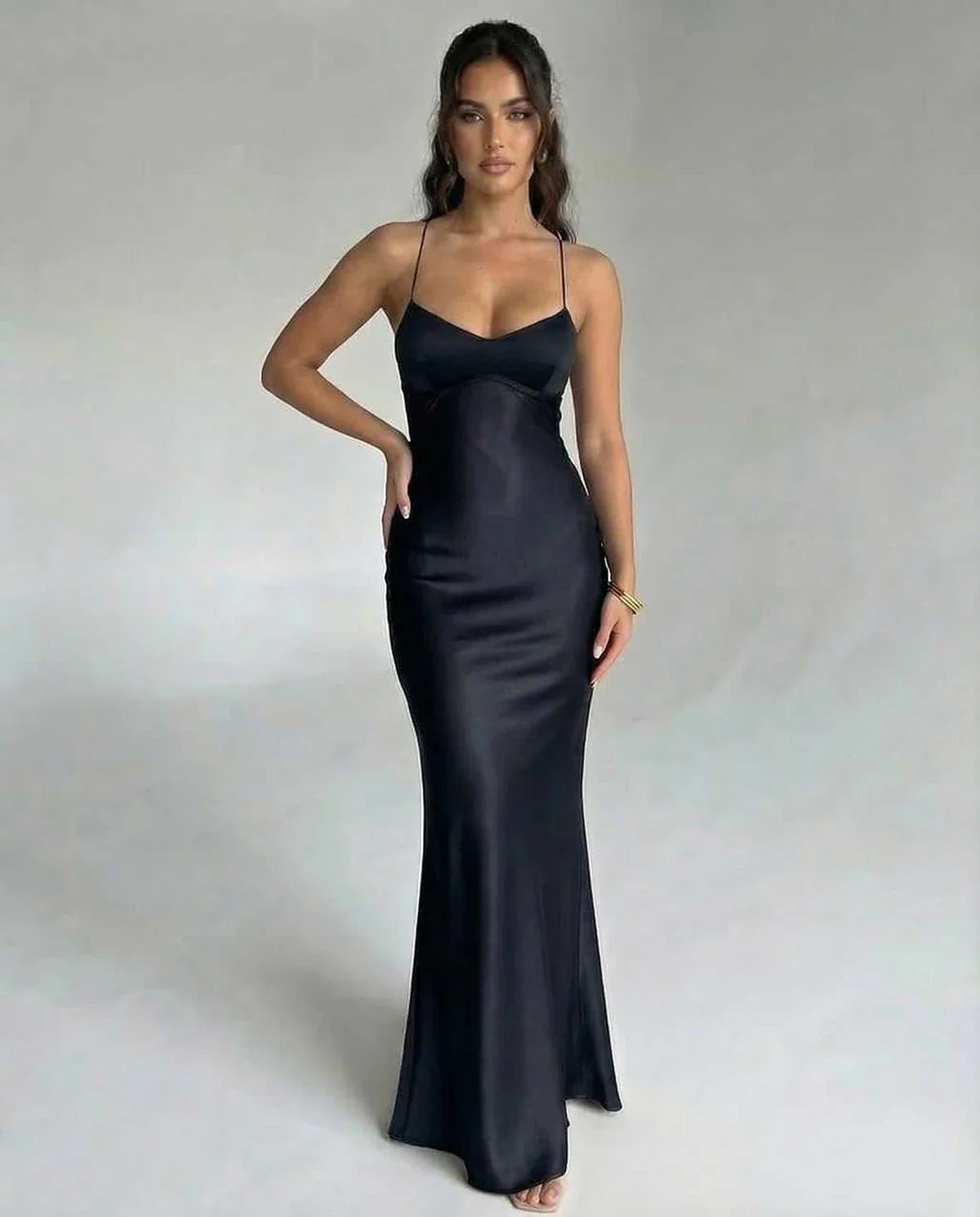 Black Satin Bodycon V-Neck Sleeveless Maxi Dress | Formal Occasions & Party Nights, front view | Ramblion | SKU: NMD-483920175-black-L-7342,NMD-483920175-black-M-8783,NMD-483920175-black-S-1537,NMD-483920175-black-XL-4488,NMD-483920175-black-XS-3175