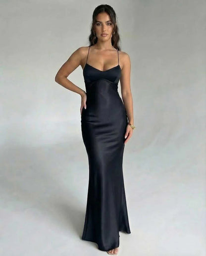 Black Satin Bodycon V-Neck Sleeveless Maxi Dress | Formal Occasions & Party Nights, front view | Ramblion | SKU: NMD-483920175-black-L-7342,NMD-483920175-black-M-8783,NMD-483920175-black-S-1537,NMD-483920175-black-XL-4488,NMD-483920175-black-XS-3175