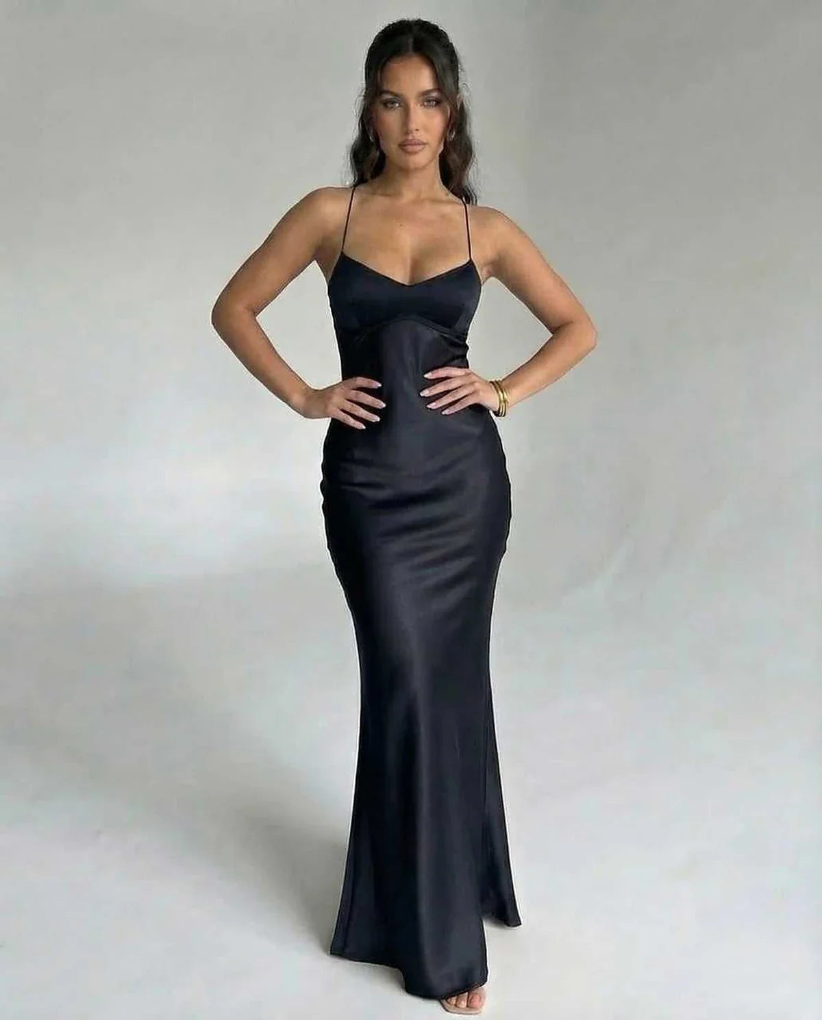 Black Satin Bodycon V-Neck Sleeveless Maxi Dress | Formal Occasions & Party Nights, front view | Ramblion | SKU: NMD-483920175-black-L-7342,NMD-483920175-black-M-8783,NMD-483920175-black-S-1537,NMD-483920175-black-XL-4488,NMD-483920175-black-XS-3175