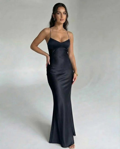 Black Satin Bodycon V-Neck Sleeveless Maxi Dress | Formal Occasions & Party Nights, front view | Ramblion | SKU: NMD-483920175-black-L-7342,NMD-483920175-black-M-8783,NMD-483920175-black-S-1537,NMD-483920175-black-XL-4488,NMD-483920175-black-XS-3175