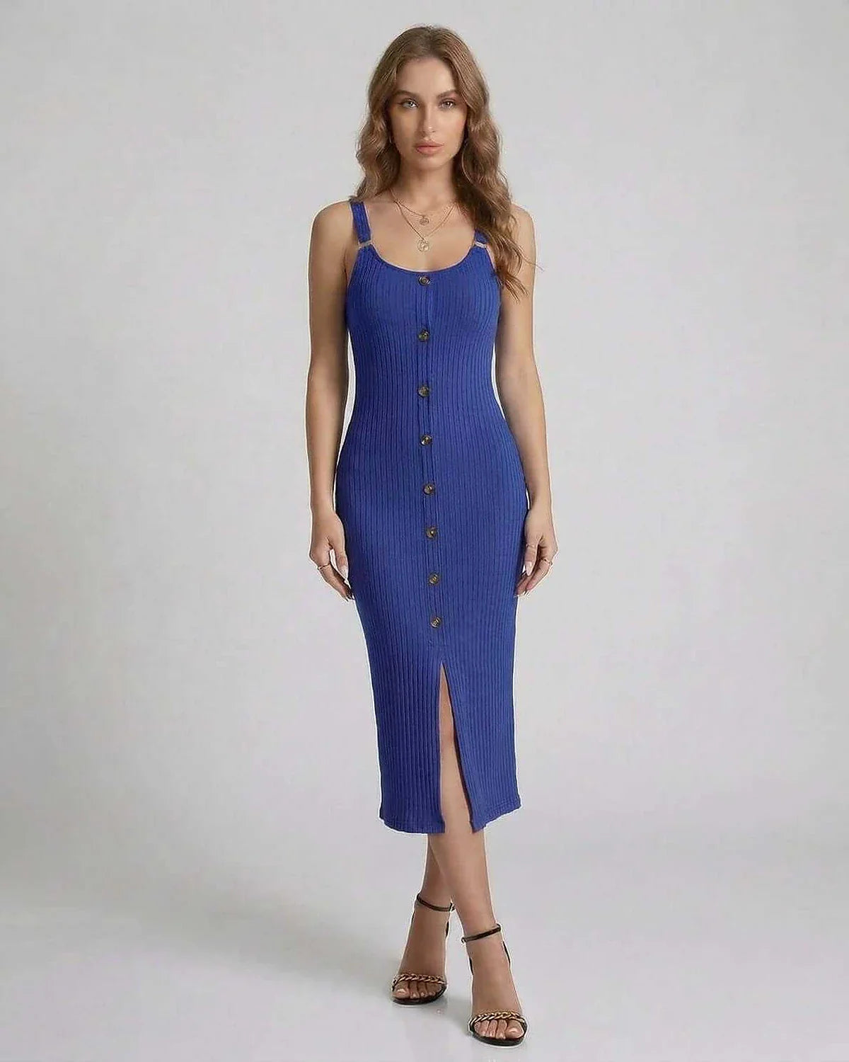 Blue Bodycon Round Neck Sleeveless Midi Dress | Formal Occasions, Party Nights, Wedding Guest & Daily Wear, front view | Ramb | SKU: AMD-574829163-blue-L-7812,AMD-574829163-blue-M-2199,AMD-574829163-blue-S-9538,AMD-574829163-blue-XL-5950,AMD-574829163-blue-XS-1700