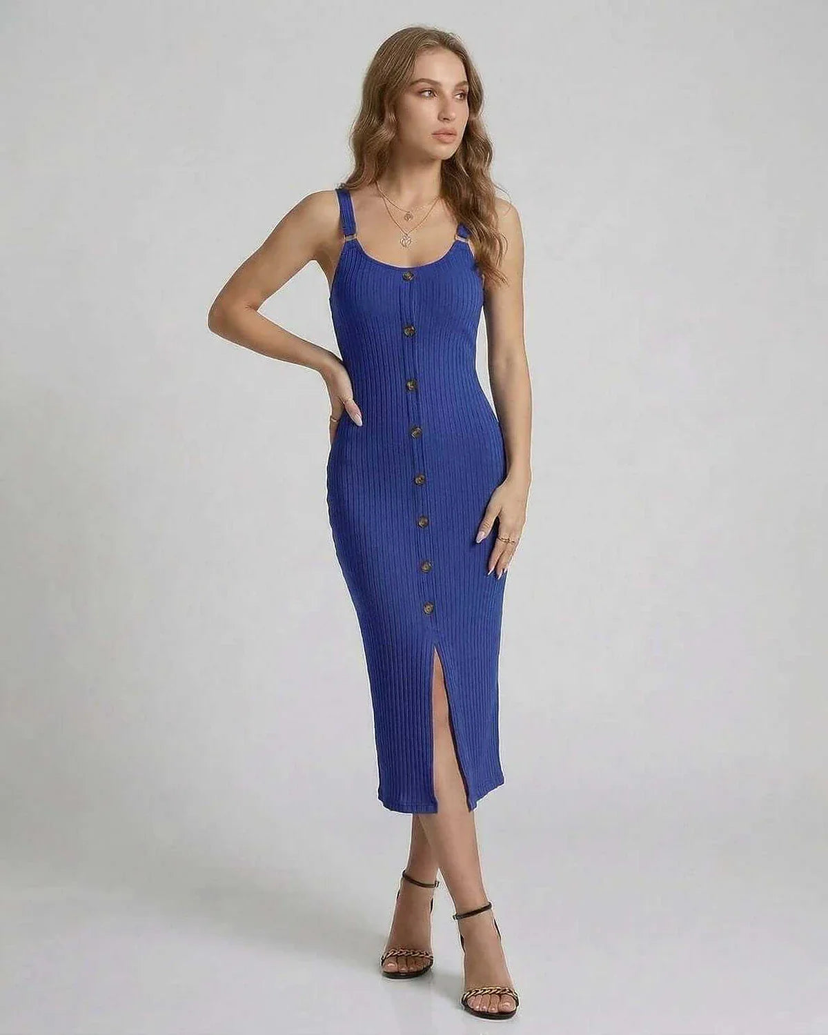 Blue Bodycon Round Neck Sleeveless Midi Dress | Formal Occasions, Party Nights, Wedding Guest & Daily Wear, front view | Ramb | SKU: AMD-574829163-blue-L-7812,AMD-574829163-blue-M-2199,AMD-574829163-blue-S-9538,AMD-574829163-blue-XL-5950,AMD-574829163-blue-XS-1700