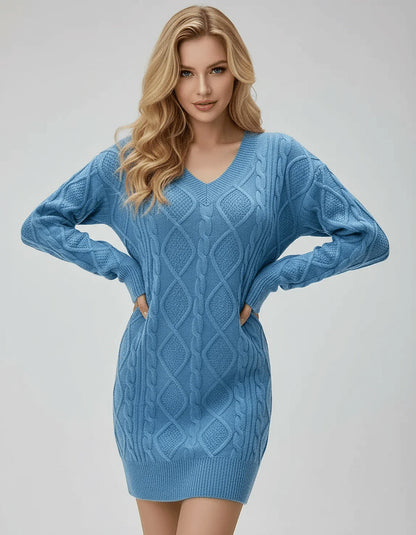 Blue Bodycon V-Neck Long Sleeve Mini Dress | Formal Events & Weekend Wear, front view | Ramblion | SKU: AKD-915734683-blue-L-7462,AKD-915734683-blue-M-5647,AKD-915734683-blue-S-2264,AKD-915734683-blue-XL-8485,AKD-915734683-blue-XS-2056