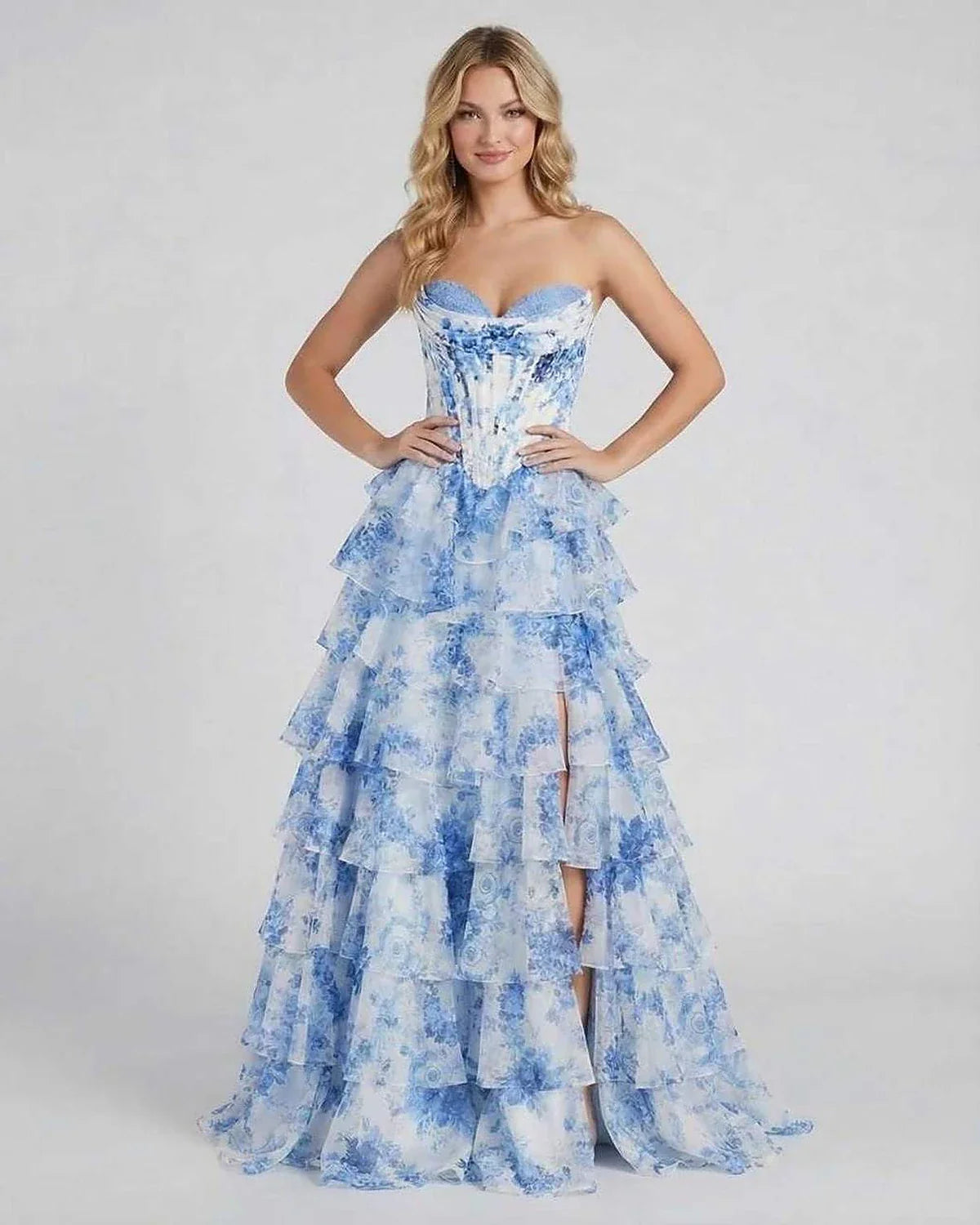 Blue Chiffon Bodycon Strapless Maxi Dress | Guest of Wedding, front view | Ramblion | SKU: AMD-483920175-blue-L-1225,AMD-483920175-blue-M-2868,AMD-483920175-blue-S-5175,AMD-483920175-blue-XL-3146,AMD-483920175-blue-XS-5012