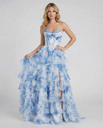Blue Chiffon Bodycon Strapless Maxi Dress | Guest of Wedding, front view | Ramblion | SKU: AMD-483920175-blue-L-1225,AMD-483920175-blue-M-2868,AMD-483920175-blue-S-5175,AMD-483920175-blue-XL-3146,AMD-483920175-blue-XS-5012