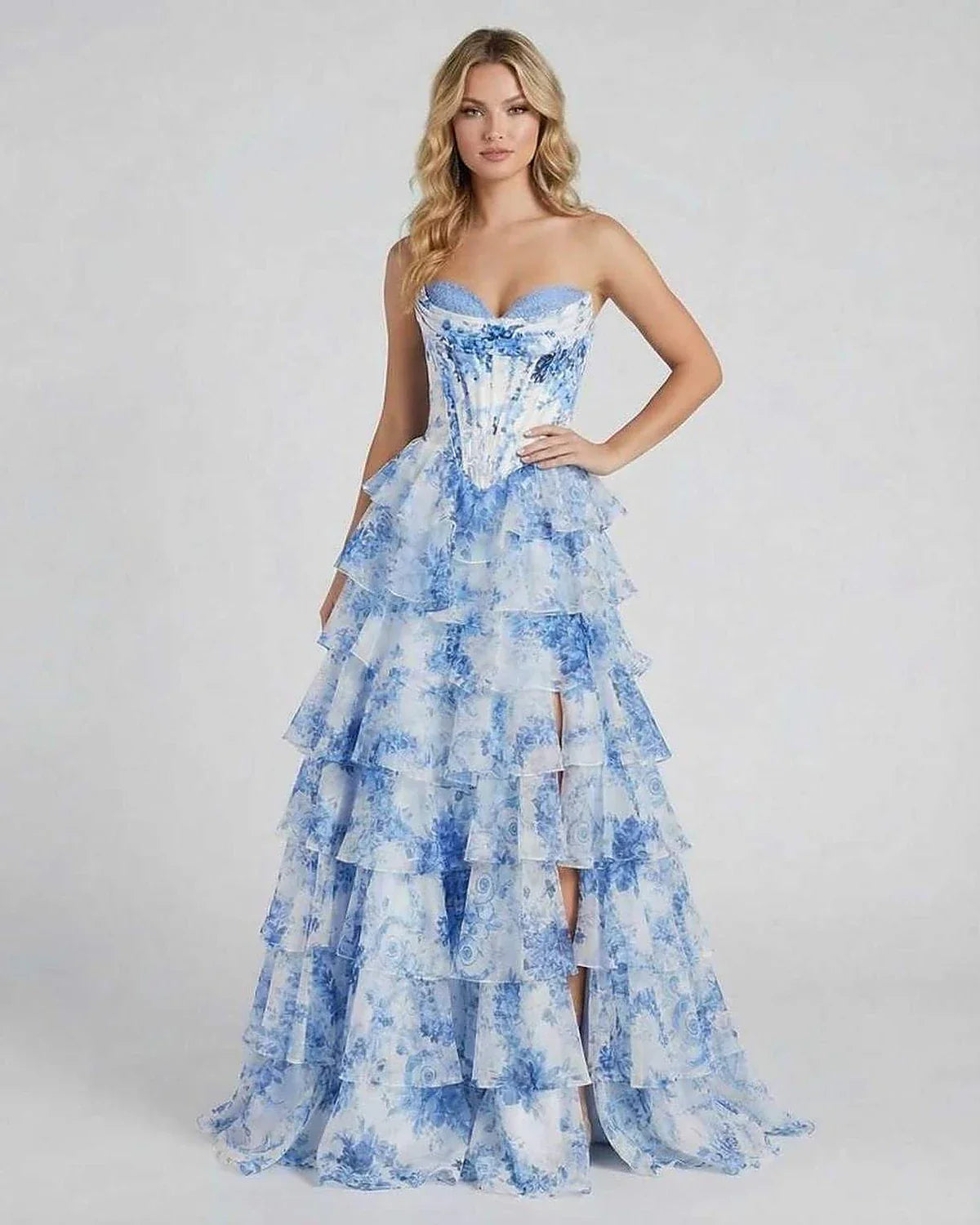Blue Chiffon Bodycon Strapless Maxi Dress | Guest of Wedding, front view | Ramblion | SKU: AMD-483920175-blue-L-1225,AMD-483920175-blue-M-2868,AMD-483920175-blue-S-5175,AMD-483920175-blue-XL-3146,AMD-483920175-blue-XS-5012