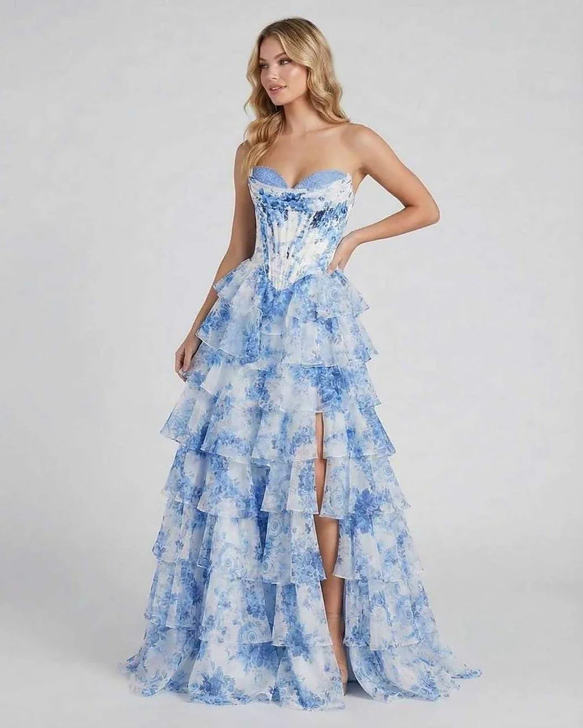 Blue Chiffon Bodycon Strapless Maxi Dress | Guest of Wedding, front view | Ramblion | SKU: AMD-483920175-blue-L-1225,AMD-483920175-blue-M-2868,AMD-483920175-blue-S-5175,AMD-483920175-blue-XL-3146,AMD-483920175-blue-XS-5012