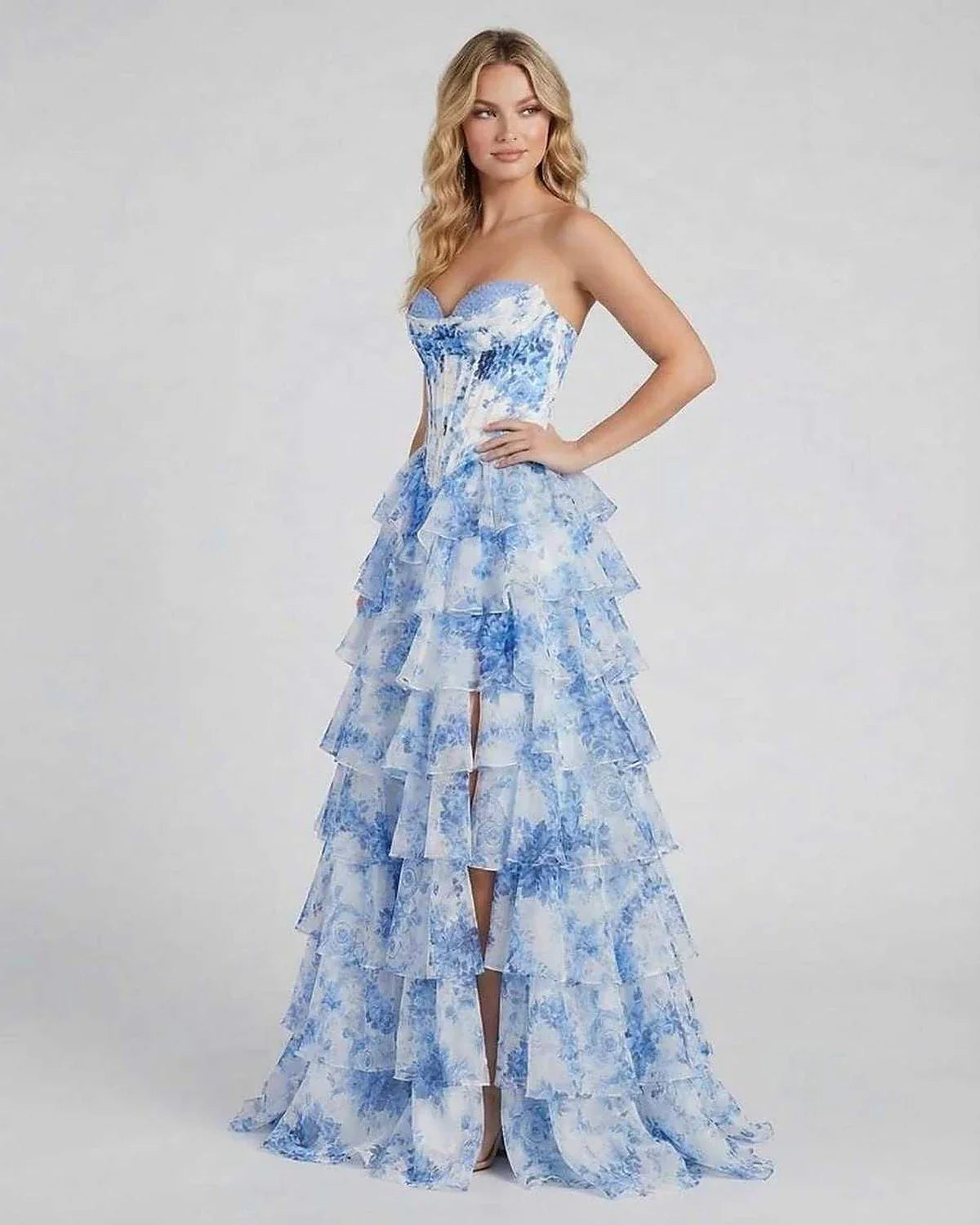 Blue Chiffon Bodycon Strapless Maxi Dress | Guest of Wedding, side view | Ramblion | SKU: AMD-483920175-blue-L-1225,AMD-483920175-blue-M-2868,AMD-483920175-blue-S-5175,AMD-483920175-blue-XL-3146,AMD-483920175-blue-XS-5012