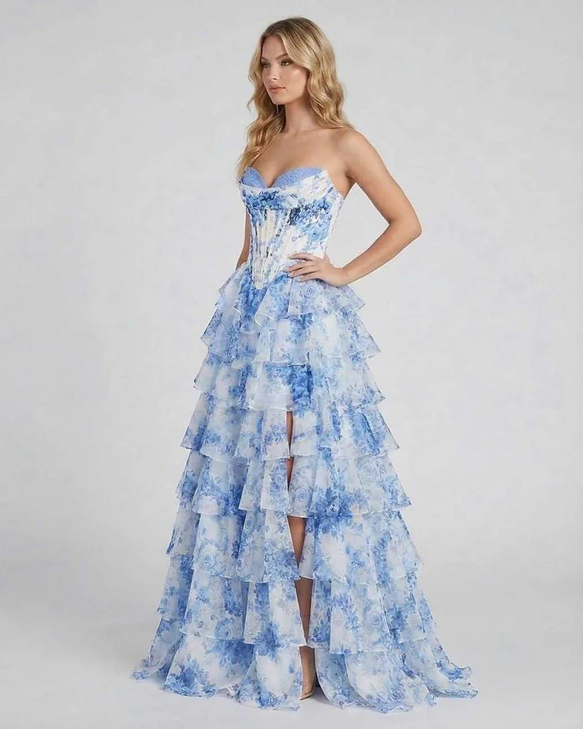 Blue Chiffon Bodycon Strapless Maxi Dress | Guest of Wedding, side view | Ramblion | SKU: AMD-483920175-blue-L-1225,AMD-483920175-blue-M-2868,AMD-483920175-blue-S-5175,AMD-483920175-blue-XL-3146,AMD-483920175-blue-XS-5012