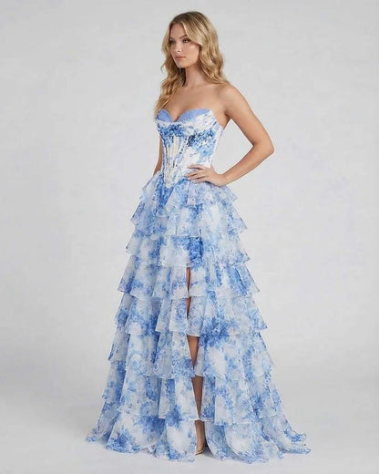 Blue Chiffon Bodycon Strapless Maxi Dress | Guest of Wedding, side view | Ramblion | SKU: AMD-483920175-blue-L-1225,AMD-483920175-blue-M-2868,AMD-483920175-blue-S-5175,AMD-483920175-blue-XL-3146,AMD-483920175-blue-XS-5012