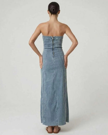 Blue Cotton Gown Strapless Midi Dress | Prom & Casual Outings, back view | Ramblion | SKU: DMD-83274-denim-L-6315,DMD-83274-denim-M-2517,DMD-83274-denim-S-5108,DMD-83274-denim-XL-5949,DMD-83274-denim-XS-3367