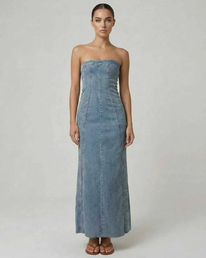 Blue Cotton Gown Strapless Midi Dress | Prom & Casual Outings, front view | Ramblion | SKU: DMD-83274-denim-L-6315,DMD-83274-denim-M-2517,DMD-83274-denim-S-5108,DMD-83274-denim-XL-5949,DMD-83274-denim-XS-3367