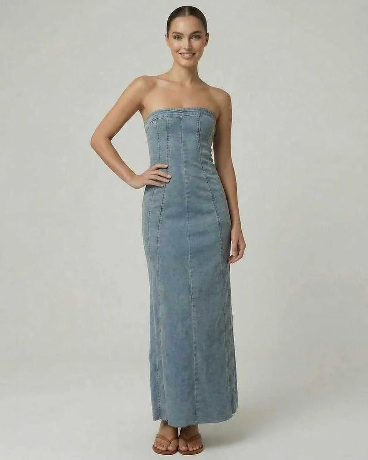 Blue Cotton Gown Strapless Midi Dress | Prom & Casual Outings, front view | Ramblion | SKU: DMD-83274-denim-L-6315,DMD-83274-denim-M-2517,DMD-83274-denim-S-5108,DMD-83274-denim-XL-5949,DMD-83274-denim-XS-3367