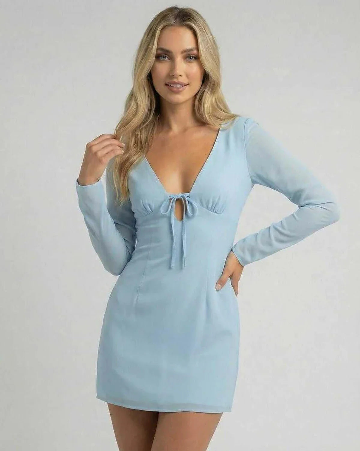 Blue Cotton Gown V-Neck Long Sleeve Mini Dress | Wedding Guest, front view | Ramblion | SKU: CMD-29481-blue-L-1236,CMD-29481-blue-M-8530,CMD-29481-blue-S-9333,CMD-29481-blue-XL-8862,CMD-29481-blue-XS-1486
