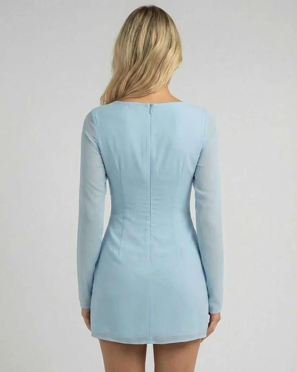 Blue Cotton Gown V-Neck Long Sleeve Mini Dress | Wedding Guest, back view | Ramblion | SKU: CMD-29481-blue-L-1236,CMD-29481-blue-M-8530,CMD-29481-blue-S-9333,CMD-29481-blue-XL-8862,CMD-29481-blue-XS-1486