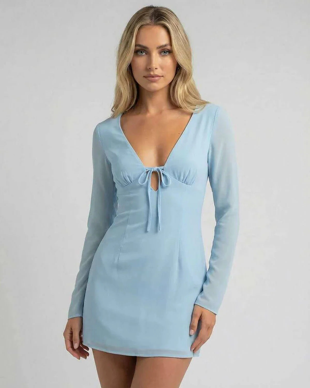 Blue Cotton Gown V-Neck Long Sleeve Mini Dress | Wedding Guest, front view | Ramblion | SKU: CMD-29481-blue-L-1236,CMD-29481-blue-M-8530,CMD-29481-blue-S-9333,CMD-29481-blue-XL-8862,CMD-29481-blue-XS-1486