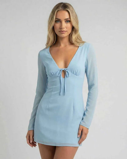 Blue Cotton Gown V-Neck Long Sleeve Mini Dress | Wedding Guest, front view | Ramblion | SKU: CMD-29481-blue-L-1236,CMD-29481-blue-M-8530,CMD-29481-blue-S-9333,CMD-29481-blue-XL-8862,CMD-29481-blue-XS-1486