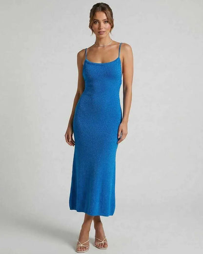 Blue Cotton Slip Round Neck Sleeveless Midi Dress | Wedding Season, front view | Ramblion | SKU: AMD-571904826-blue-L-7708,AMD-571904826-blue-M-9771,AMD-571904826-blue-S-5837,AMD-571904826-blue-XL-4262,AMD-571904826-blue-XS-9234