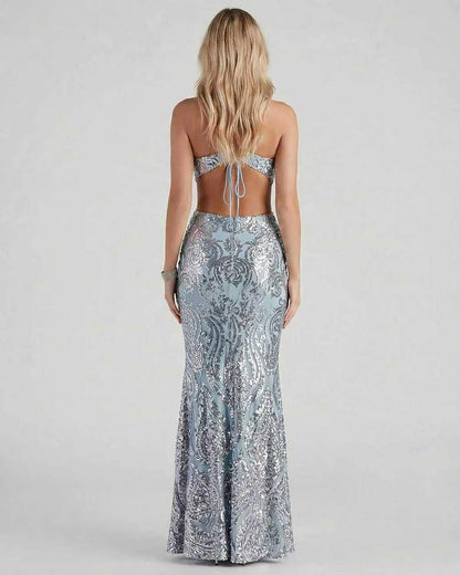 Blue Mermaid V-Neck Sleeveless Maxi Dress | Formal Events & Evening Parties, back view | Ramblion | SKU: CMD-58239-blue-L-2633,CMD-58239-blue-M-2551,CMD-58239-blue-S-3753,CMD-58239-blue-XL-7599,CMD-58239-blue-XS-8461
