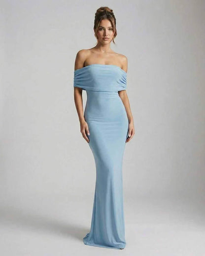 Blue Satin Bodycon Bardot Neck Sleeveless Maxi Dress | Gala Nights, Cocktail Parties & Wedding Season, front view | Ramblion | SKU: LMD-582746391-lightblue-L-5792,LMD-582746391-lightblue-M-9416,LMD-582746391-lightblue-S-4338,LMD-582746391-lightblue-XL-7494,LMD-582746391-lightblue-XS-3378