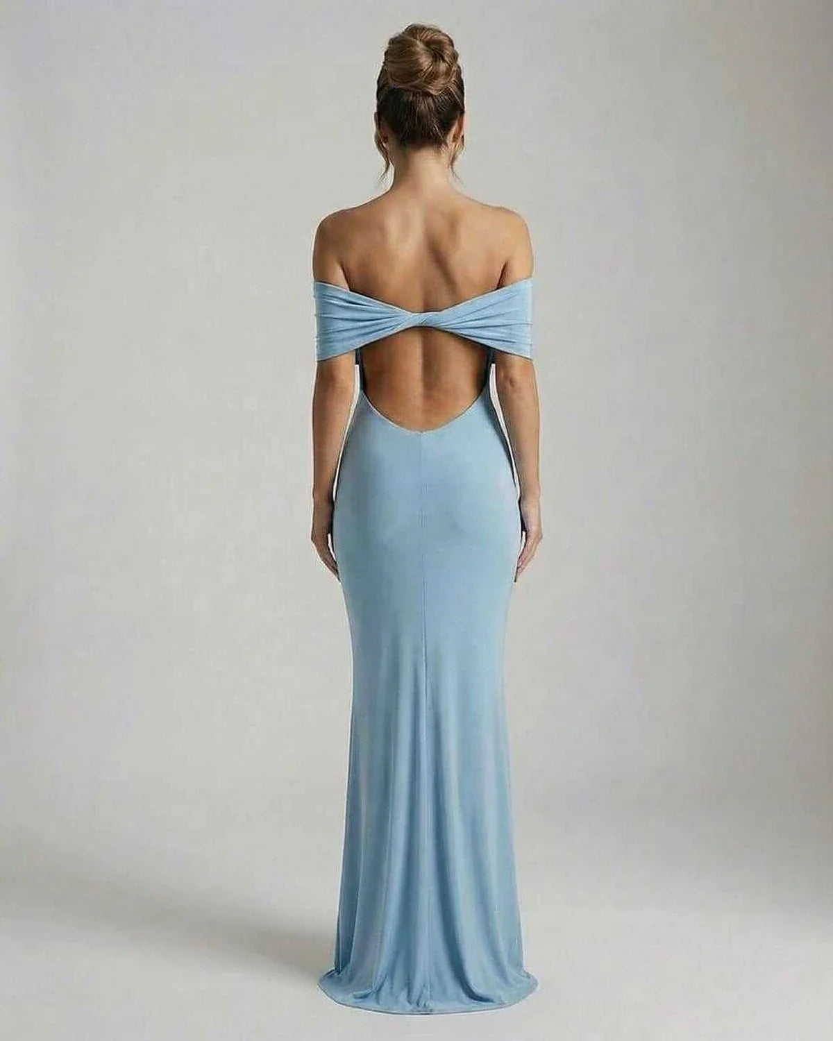 Blue Satin Bodycon Bardot Neck Sleeveless Maxi Dress | Gala Nights, Cocktail Parties & Wedding Season, back view | Ramblion | SKU: LMD-582746391-lightblue-L-5792,LMD-582746391-lightblue-M-9416,LMD-582746391-lightblue-S-4338,LMD-582746391-lightblue-XL-7494,LMD-582746391-lightblue-XS-3378