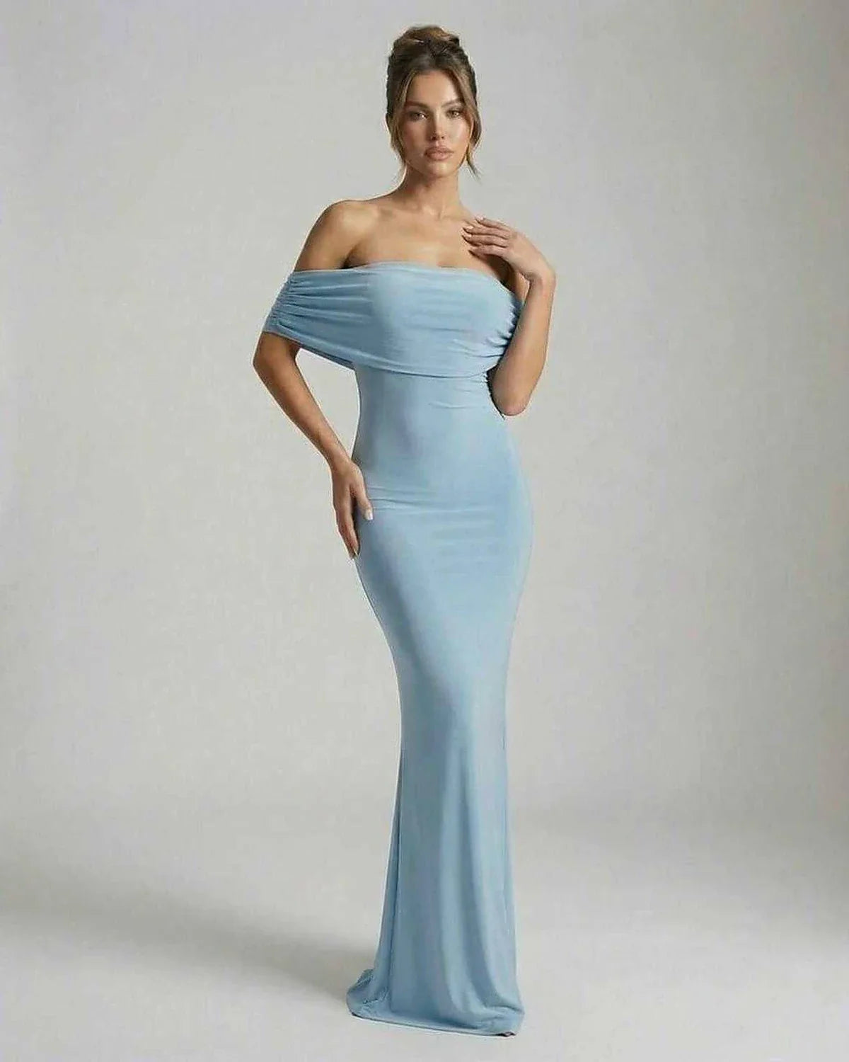 Blue Satin Bodycon Bardot Neck Sleeveless Maxi Dress | Gala Nights, Cocktail Parties & Wedding Season, front view | Ramblion | SKU: LMD-582746391-lightblue-L-5792,LMD-582746391-lightblue-M-9416,LMD-582746391-lightblue-S-4338,LMD-582746391-lightblue-XL-7494,LMD-582746391-lightblue-XS-3378