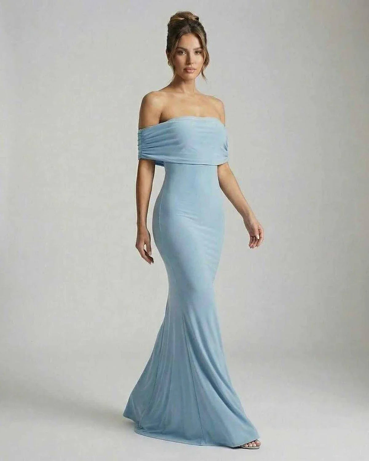 Blue Satin Bodycon Bardot Neck Sleeveless Maxi Dress | Gala Nights, Cocktail Parties & Wedding Season, side view | Ramblion | SKU: LMD-582746391-lightblue-L-5792,LMD-582746391-lightblue-M-9416,LMD-582746391-lightblue-S-4338,LMD-582746391-lightblue-XL-7494,LMD-582746391-lightblue-XS-3378