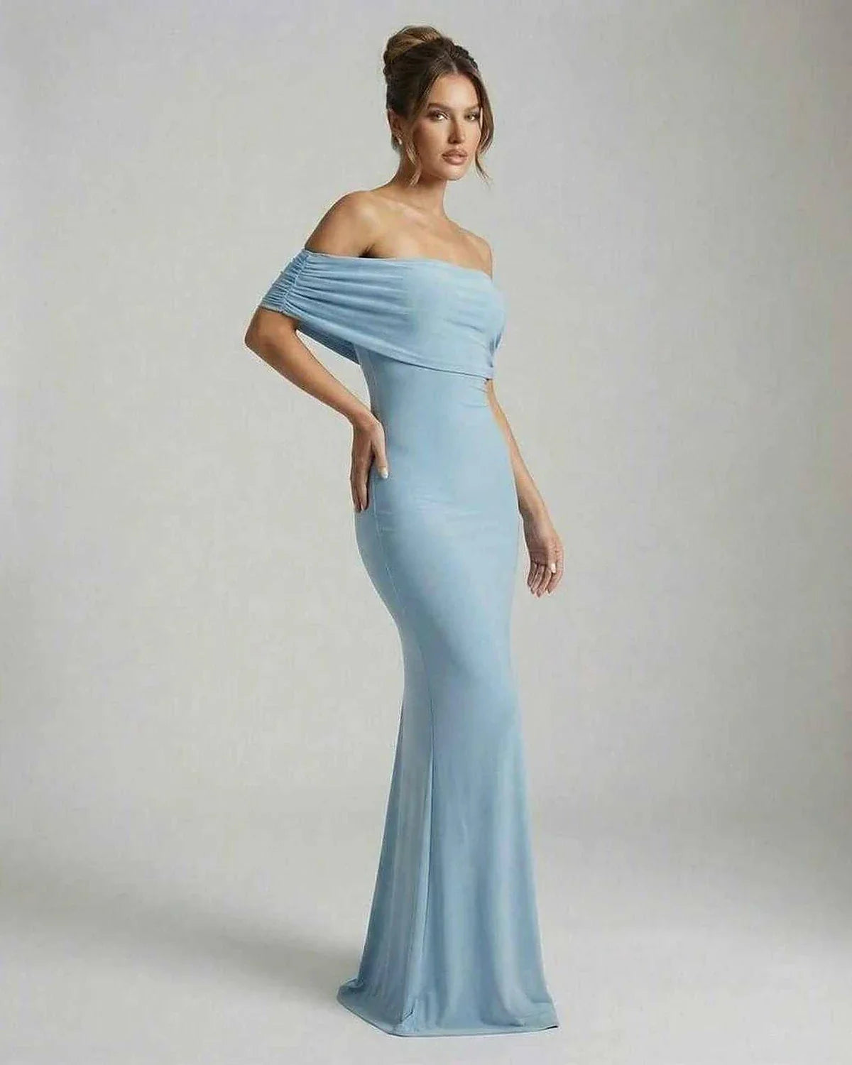 Blue Satin Bodycon Bardot Neck Sleeveless Maxi Dress | Gala Nights, Cocktail Parties & Wedding Season, side view | Ramblion | SKU: LMD-582746391-lightblue-L-5792,LMD-582746391-lightblue-M-9416,LMD-582746391-lightblue-S-4338,LMD-582746391-lightblue-XL-7494,LMD-582746391-lightblue-XS-3378