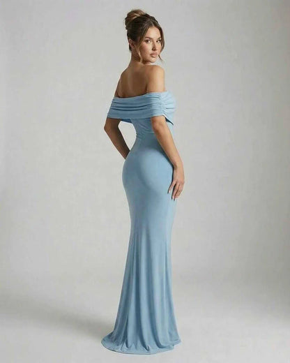 Blue Satin Bodycon Bardot Neck Sleeveless Maxi Dress | Gala Nights, Cocktail Parties & Wedding Season, side view | Ramblion | SKU: LMD-582746391-lightblue-L-5792,LMD-582746391-lightblue-M-9416,LMD-582746391-lightblue-S-4338,LMD-582746391-lightblue-XL-7494,LMD-582746391-lightblue-XS-3378