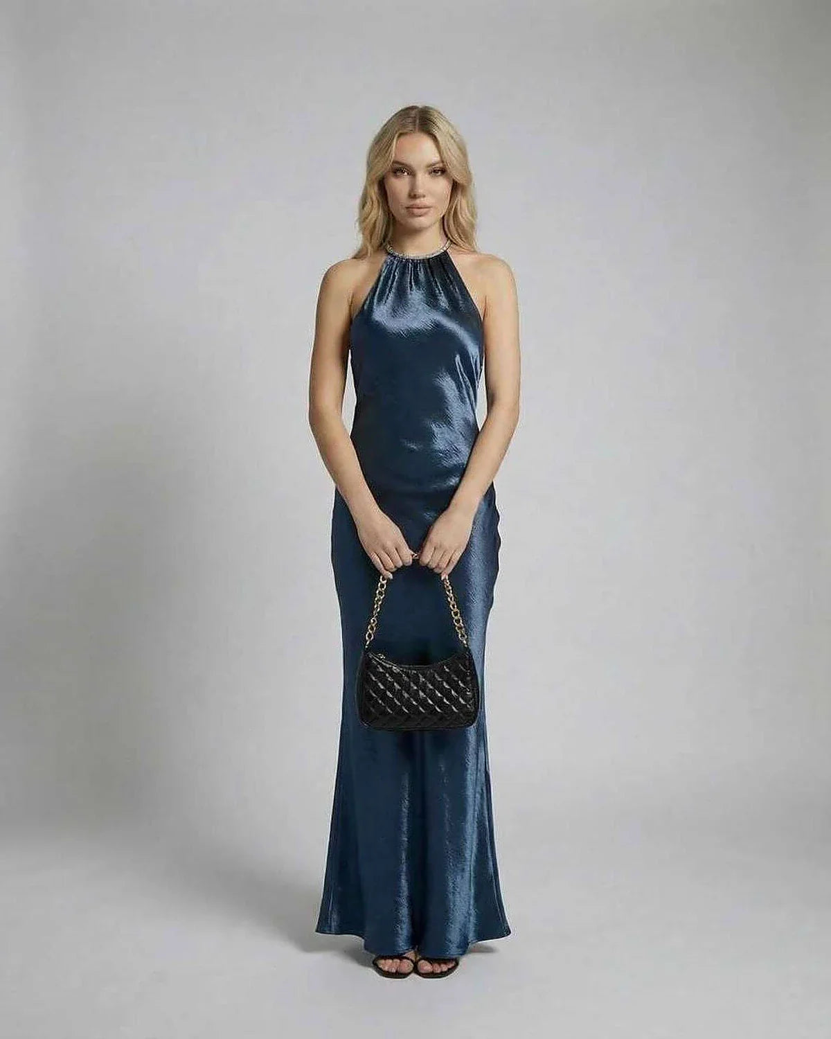 Blue Satin Bodycon Halter Sleeveless Maxi Dress | Formal Occasions, Cocktail Hour & Guest of Wedding, front view | Ramblion | SKU: MMD-48271-blue-L-5373,MMD-48271-blue-M-9592,MMD-48271-blue-S-9760,MMD-48271-blue-XL-6803,MMD-48271-blue-XS-8228