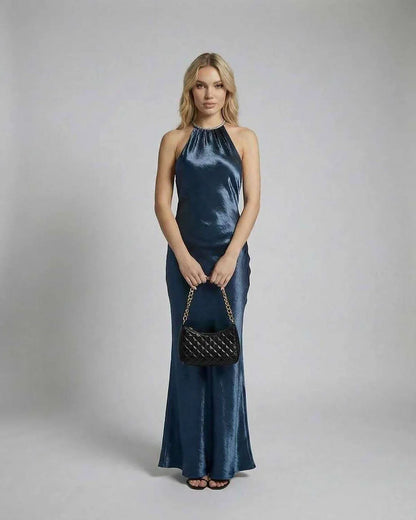 Blue Satin Bodycon Halter Sleeveless Maxi Dress | Formal Occasions, Cocktail Hour & Guest of Wedding, front view | Ramblion | SKU: MMD-48271-blue-L-5373,MMD-48271-blue-M-9592,MMD-48271-blue-S-9760,MMD-48271-blue-XL-6803,MMD-48271-blue-XS-8228