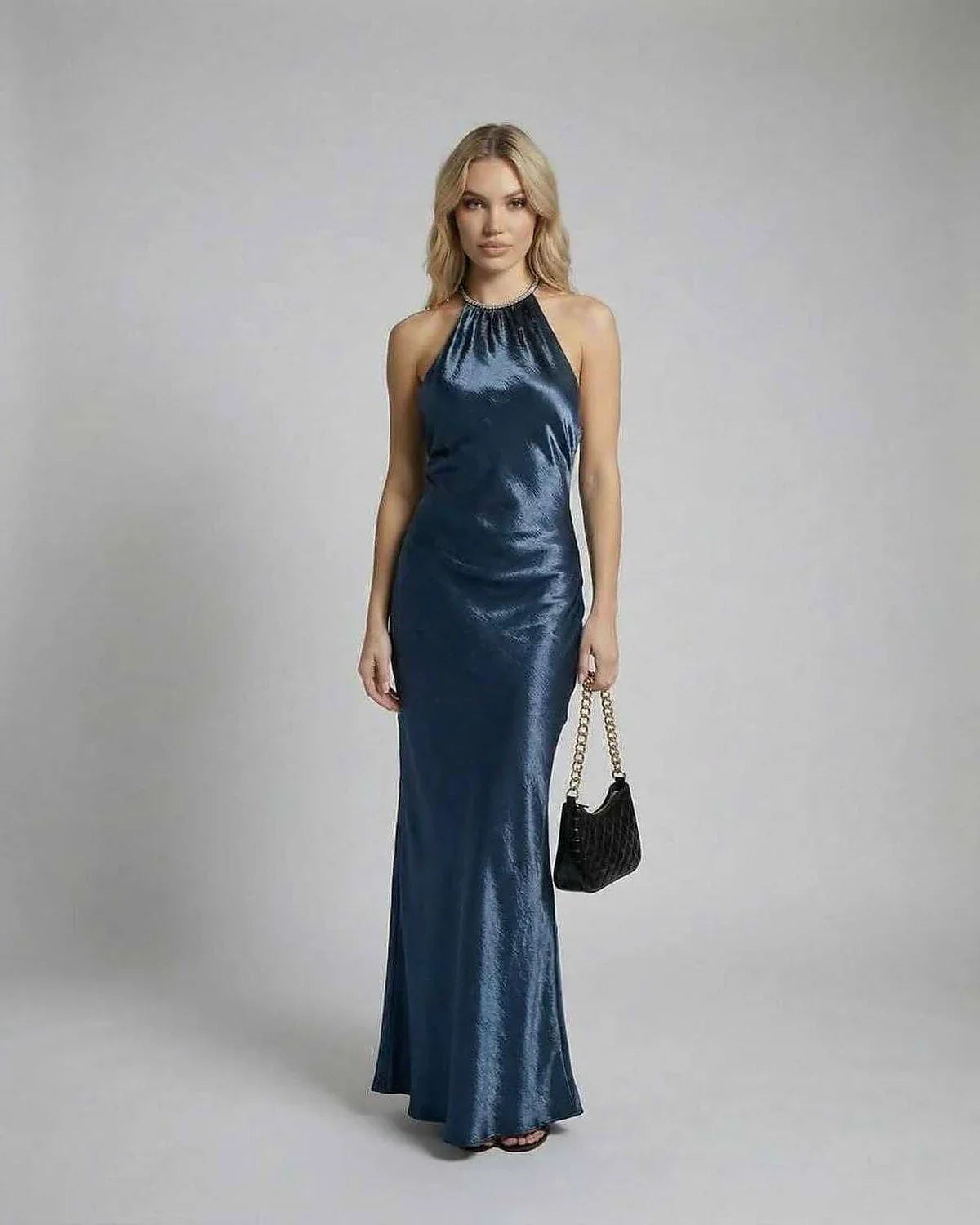 Blue Satin Bodycon Halter Sleeveless Maxi Dress | Formal Occasions, Cocktail Hour & Guest of Wedding, front view | Ramblion | SKU: MMD-48271-blue-L-5373,MMD-48271-blue-M-9592,MMD-48271-blue-S-9760,MMD-48271-blue-XL-6803,MMD-48271-blue-XS-8228