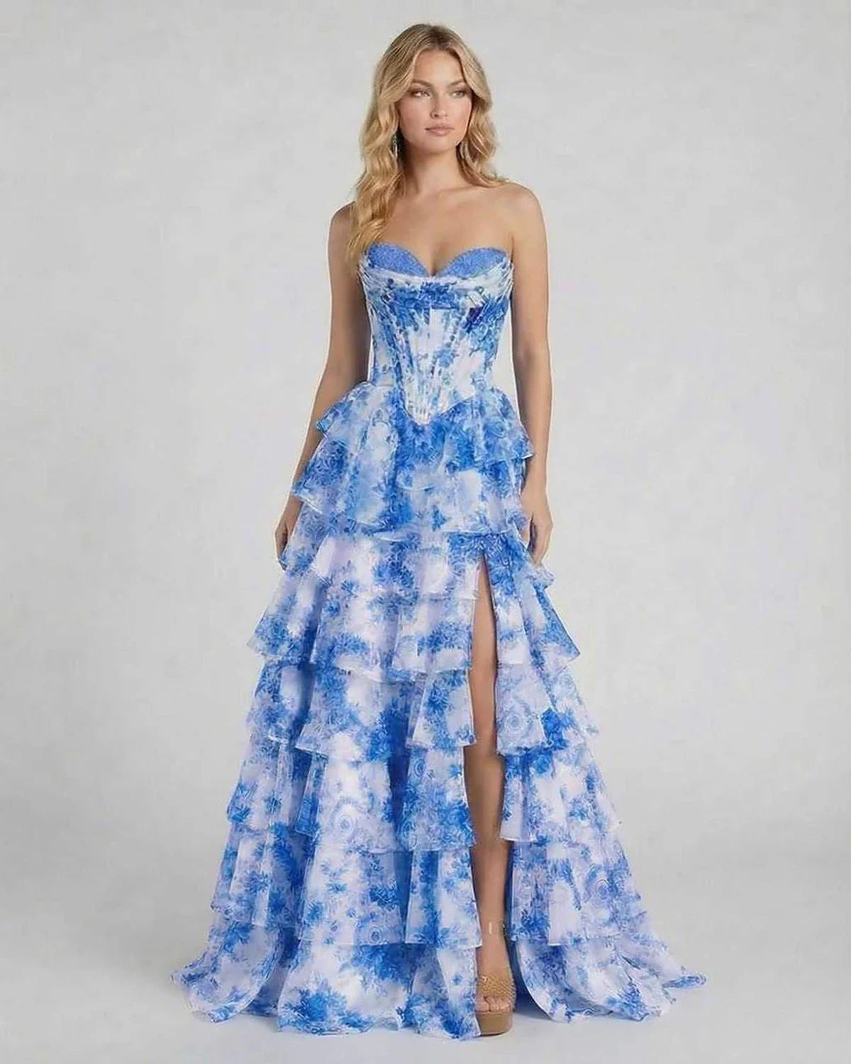 Blue Satin Bodycon Strapless Maxi Dress | Wedding Guest, front view | Ramblion | SKU: AMX-562718394-blue-L-7863,AMX-562718394-blue-M-6424,AMX-562718394-blue-S-8472,AMX-562718394-blue-XL-1518,AMX-562718394-blue-XS-6404