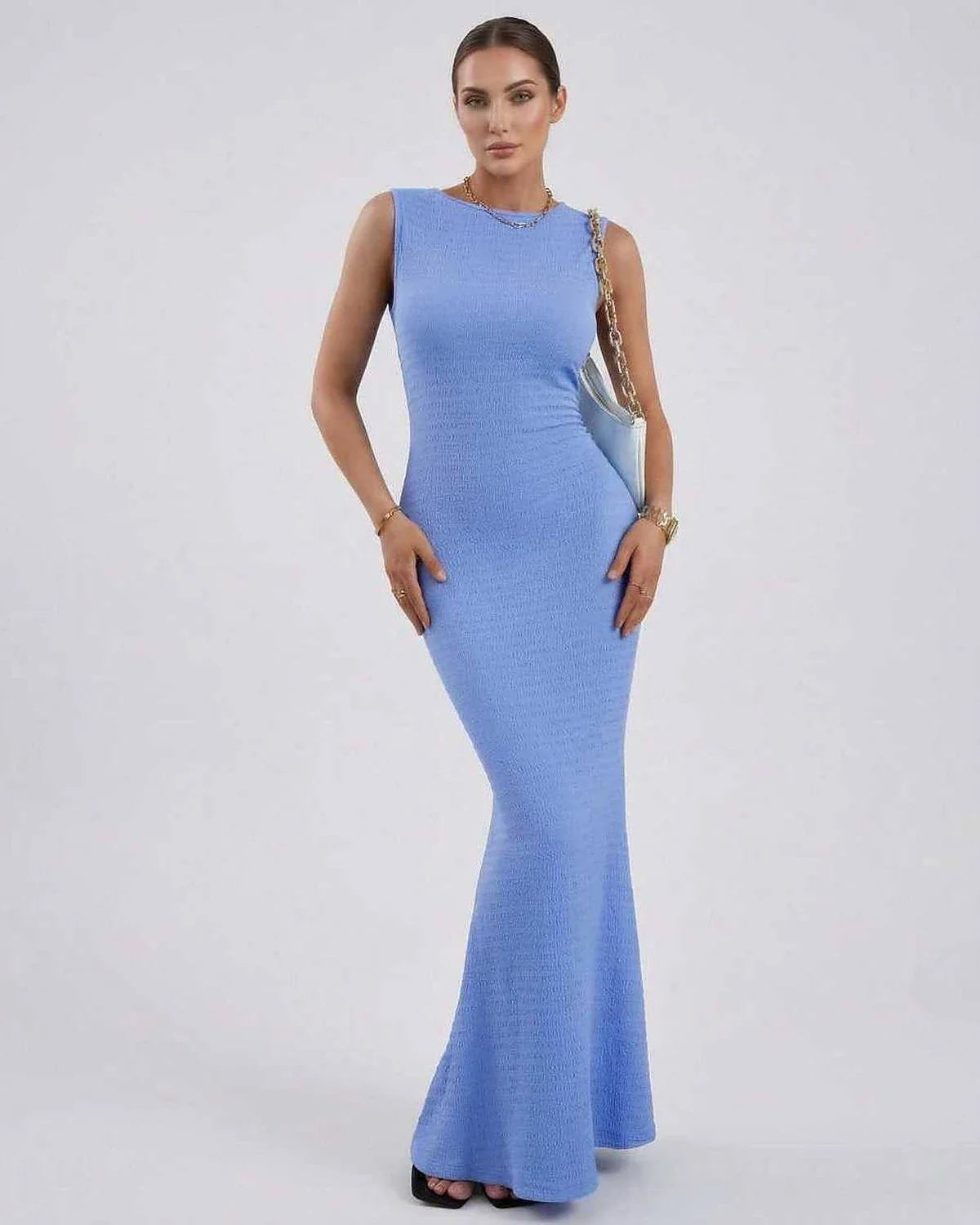 Blue Satin Gown Round Neck Sleeveless Maxi Dress | Black-Tie Events & Casual Wear, front view | Ramblion | SKU: CMD-831927465-lightblue-L-1077,CMD-831927465-lightblue-M-7090,CMD-831927465-lightblue-S-4298,CMD-831927465-lightblue-XL-3861,CMD-831927465-lightblue-XS-4359
