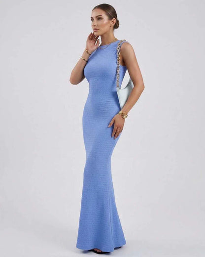 Blue Satin Gown Round Neck Sleeveless Maxi Dress | Black-Tie Events & Casual Wear, side view | Ramblion | SKU: CMD-831927465-lightblue-L-1077,CMD-831927465-lightblue-M-7090,CMD-831927465-lightblue-S-4298,CMD-831927465-lightblue-XL-3861,CMD-831927465-lightblue-XS-4359