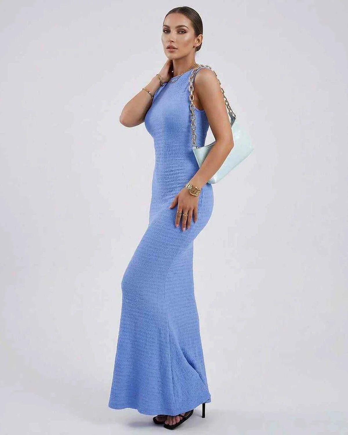 Blue Satin Gown Round Neck Sleeveless Maxi Dress | Black-Tie Events & Casual Wear, side view | Ramblion | SKU: CMD-831927465-lightblue-L-1077,CMD-831927465-lightblue-M-7090,CMD-831927465-lightblue-S-4298,CMD-831927465-lightblue-XL-3861,CMD-831927465-lightblue-XS-4359