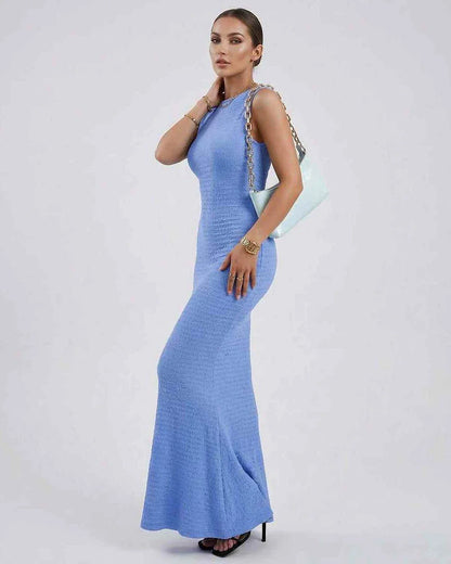 Blue Satin Gown Round Neck Sleeveless Maxi Dress | Black-Tie Events & Casual Wear, side view | Ramblion | SKU: CMD-831927465-lightblue-L-1077,CMD-831927465-lightblue-M-7090,CMD-831927465-lightblue-S-4298,CMD-831927465-lightblue-XL-3861,CMD-831927465-lightblue-XS-4359