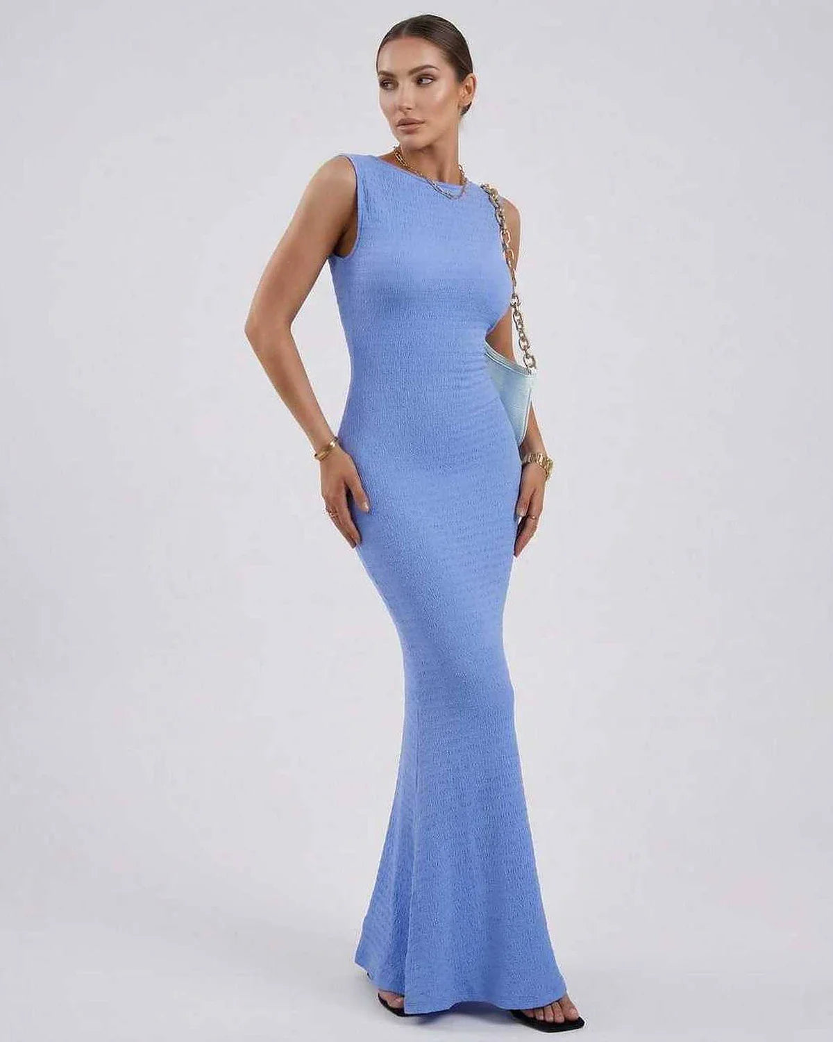 Blue Satin Gown Round Neck Sleeveless Maxi Dress | Black-Tie Events & Casual Wear, front view | Ramblion | SKU: CMD-831927465-lightblue-L-1077,CMD-831927465-lightblue-M-7090,CMD-831927465-lightblue-S-4298,CMD-831927465-lightblue-XL-3861,CMD-831927465-lightblue-XS-4359