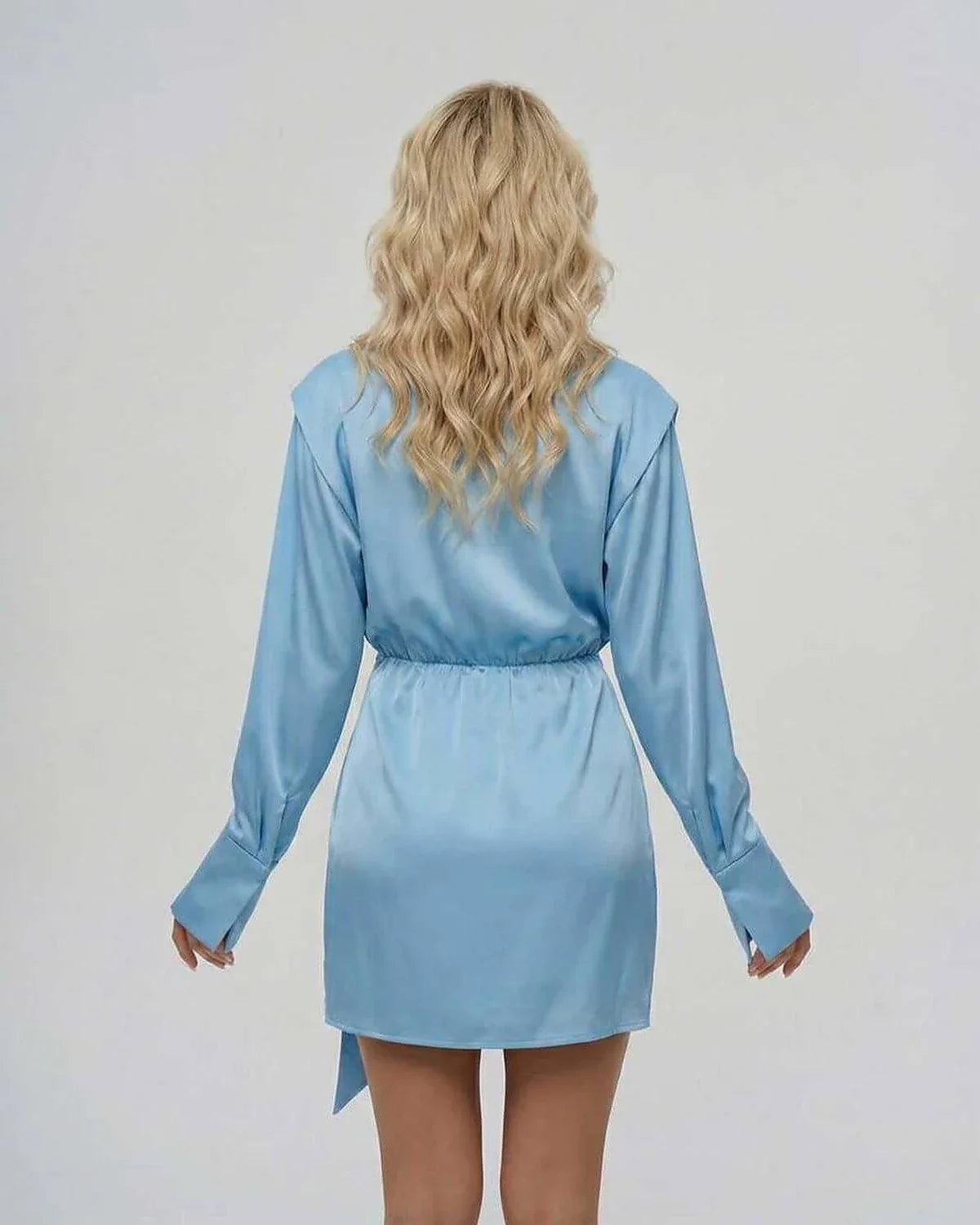 Blue Satin Wrap V-Neck Sleeveless Mini Dress | Formal Occasions, Cocktail Parties & Casual Outings, back view | Ramblion | SKU: AZD-392847561-blue-L-863,AZD-392847561-blue-M-6897,AZD-392847561-blue-S-3757,AZD-392847561-blue-XL-7082,AZD-392847561-blue-XS-1731
