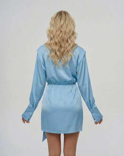 Blue Satin Wrap V-Neck Sleeveless Mini Dress | Formal Occasions, Cocktail Parties & Casual Outings, back view | Ramblion | SKU: AZD-392847561-blue-L-863,AZD-392847561-blue-M-6897,AZD-392847561-blue-S-3757,AZD-392847561-blue-XL-7082,AZD-392847561-blue-XS-1731