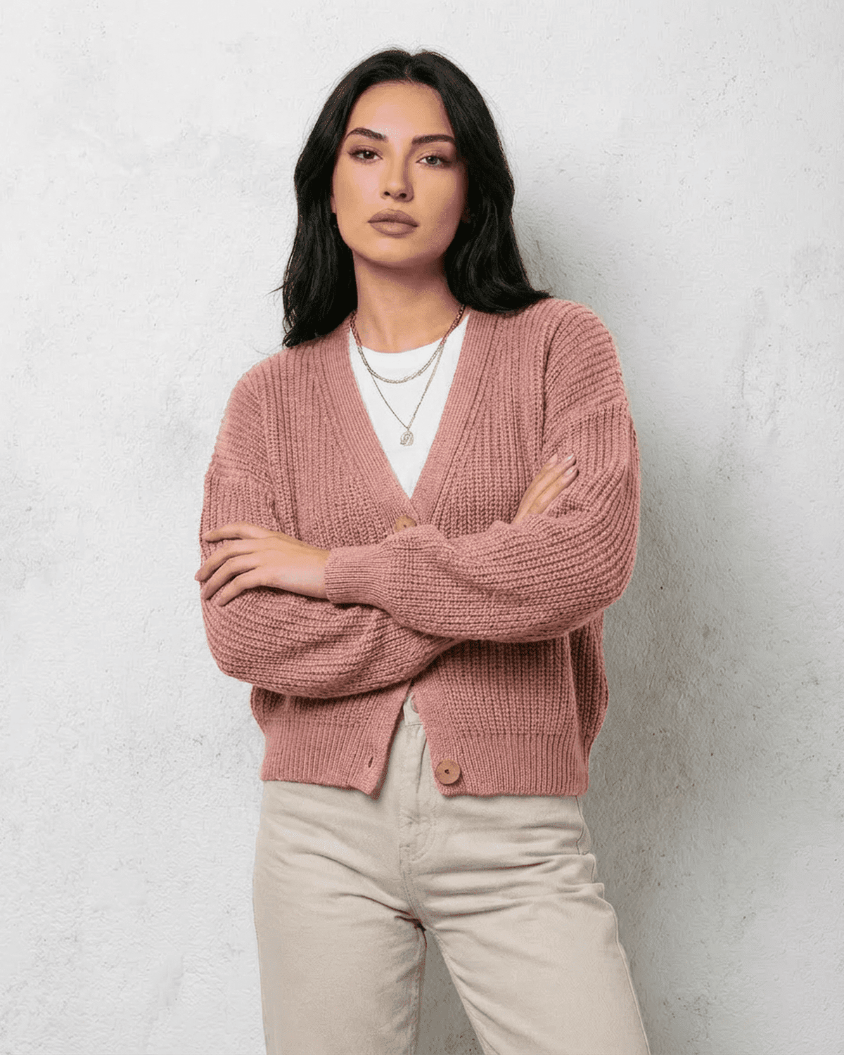 Blush Cardigan by RAMBLION - Soft pink knitwear with relaxed V-neck design and loose fit for a chic look.