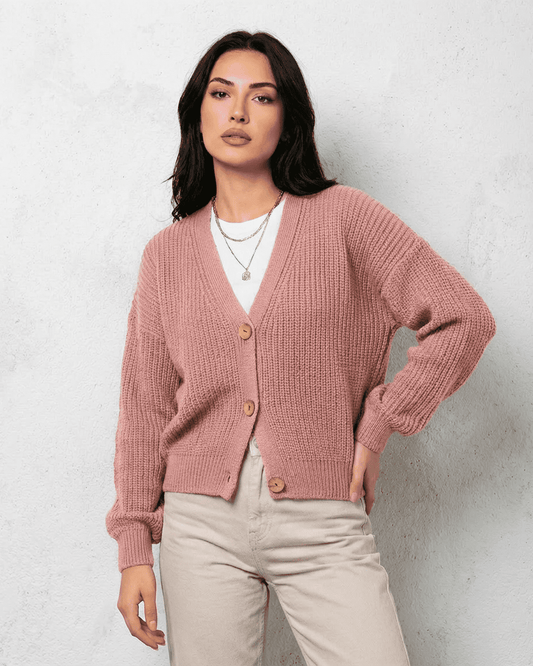 Blush Cardigan - Soft pink knitwear with relaxed V-neck design by RAMBLION