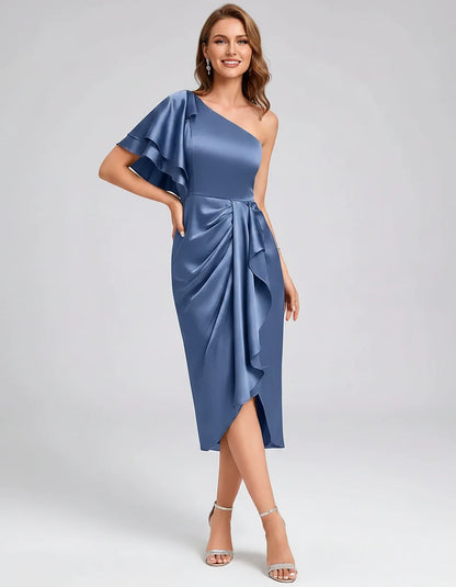 Blush Satin Sheath One-Shoulder Midi Dress, front view | Ramblion | SKU: AMD-583920174615842-GREEN-L,AMD-583920174615842-GREEN-M,AMD-583920174615842-GREEN-S,AMD-583920174615842-GREEN-XL,AMD-583920174615842-GREEN-XS