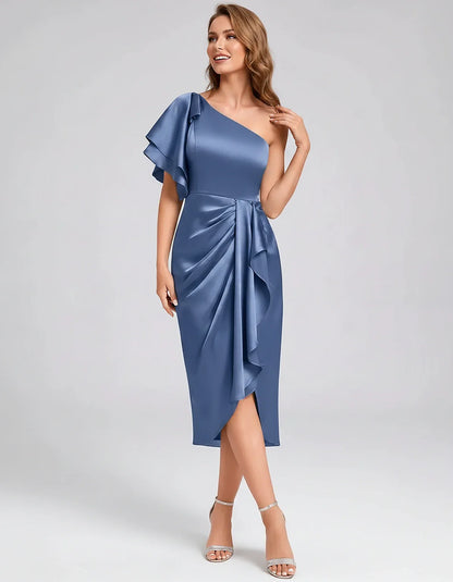 Blush Satin Sheath One-Shoulder Midi Dress, front view | Ramblion | SKU: AMD-583920174615842-GREEN-L,AMD-583920174615842-GREEN-M,AMD-583920174615842-GREEN-S,AMD-583920174615842-GREEN-XL,AMD-583920174615842-GREEN-XS