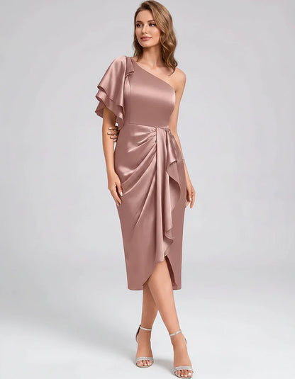 Blush Satin Sheath One-Shoulder Midi Dress, front view | Ramblion | SKU: AMD-583920174615842-PINK-L,AMD-583920174615842-PINK-M,AMD-583920174615842-PINK-S,AMD-583920174615842-PINK-XL,AMD-583920174615842-PINK-XS