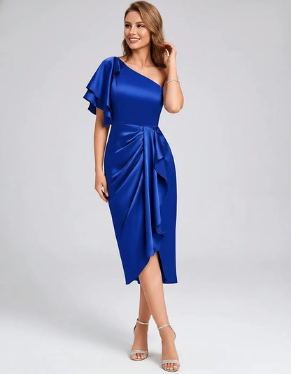 Blush Satin Sheath One-Shoulder Midi Dress, front view | Ramblion | SKU: AMD-583920174615842-BLUE-L,AMD-583920174615842-BLUE-M,AMD-583920174615842-BLUE-S,AMD-583920174615842-BLUE-XL,AMD-583920174615842-BLUE-XS