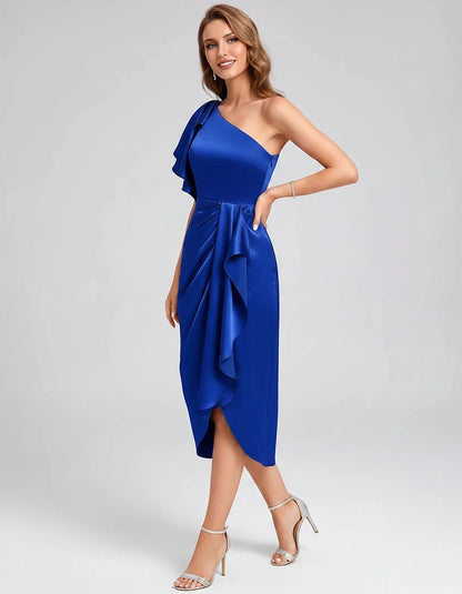 Blush Satin Sheath One-Shoulder Midi Dress, side view | Ramblion | SKU: AMD-583920174615842-BLUE-L,AMD-583920174615842-BLUE-M,AMD-583920174615842-BLUE-S,AMD-583920174615842-BLUE-XL,AMD-583920174615842-BLUE-XS